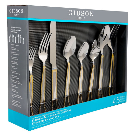 Gibson Home Grand Abby 45 Piece Stainless Steel Flatware Set with Gold