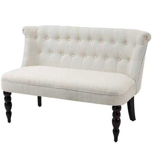 Scandinavian 2 Seater Button Tufted Loveseat Wooden Legs Cream White