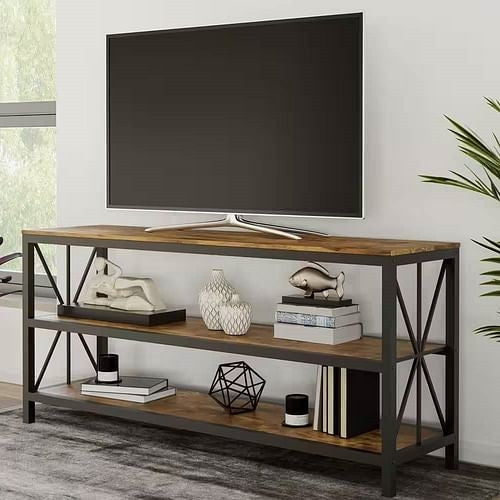 Modern Black Metal TV Stand with Barn Wood Finish Shelves - TV's up to