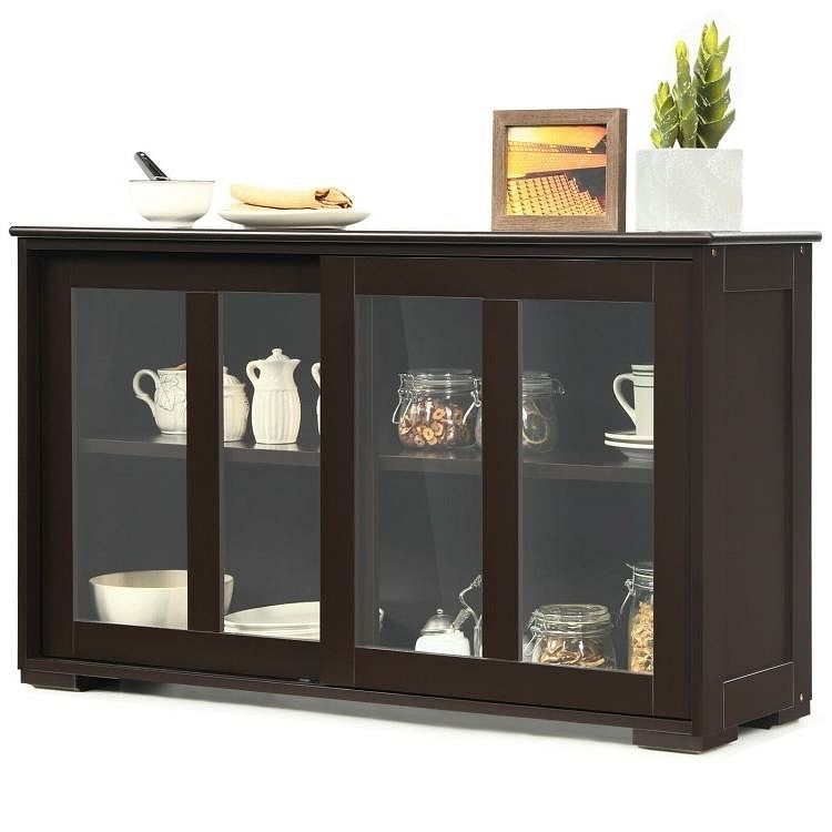 Brown Wood Buffet Kitchen Dining Sideboard Storage Cabinet w/ Glass