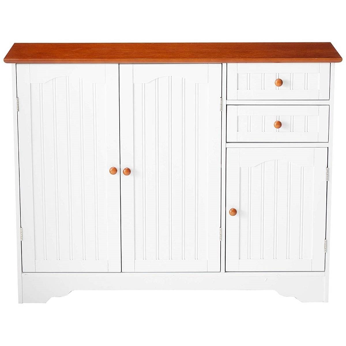 White Wood Sideboard Buffet Cabinet with Walnut Finish Top and Knobs