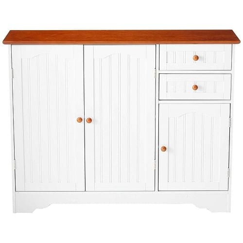 White Wood Sideboard Buffet Cabinet with Walnut Finish Top and Knobs