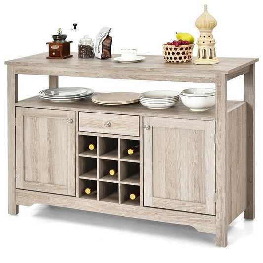 Grey Wood Sideboard Buffet Server Cabinet with Wine Rack and Storage