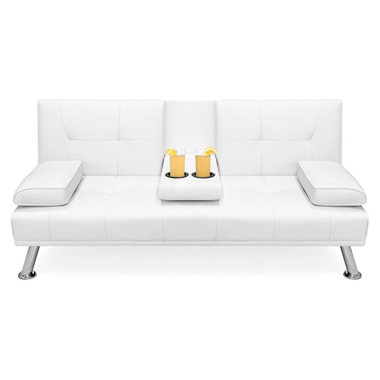 White Faux Leather Convertible Sofa Futon with 2 Cup Holders